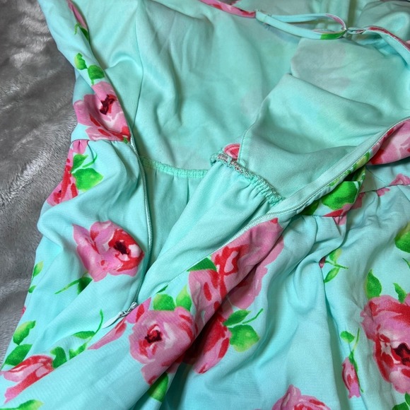 Bo Bel Dress Womens Small Aqua Blue Floral Bow Back Sleeveless Fit Flare Summer - Picture 9 of 16